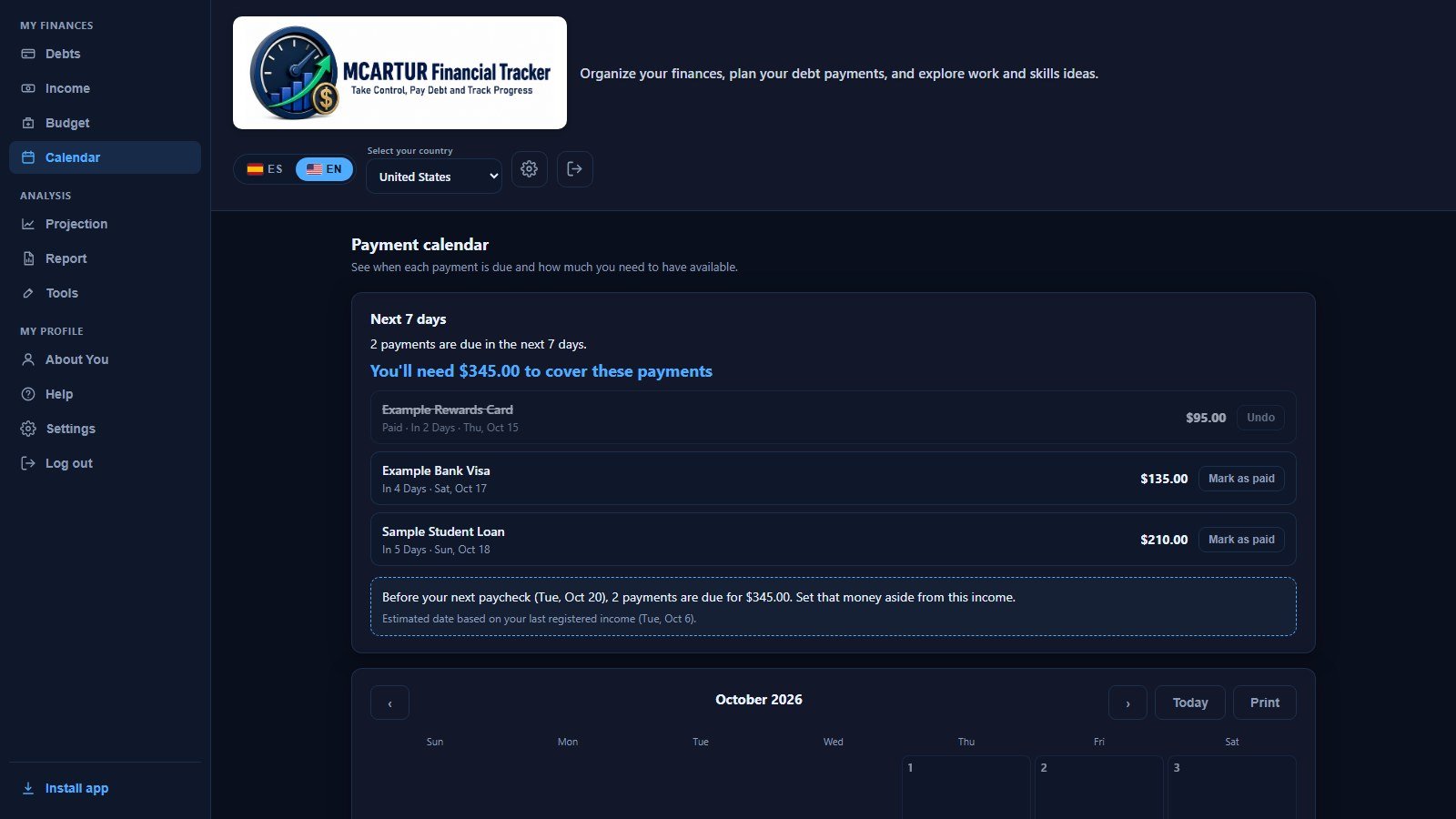 Payment calendar with the next 7 days and a set-aside note