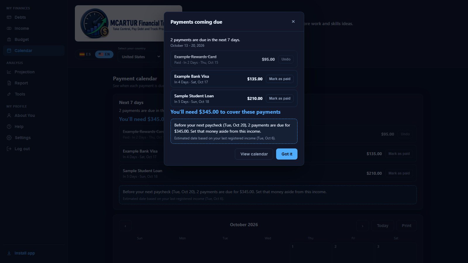 Alert listing payments due in the next 7 days