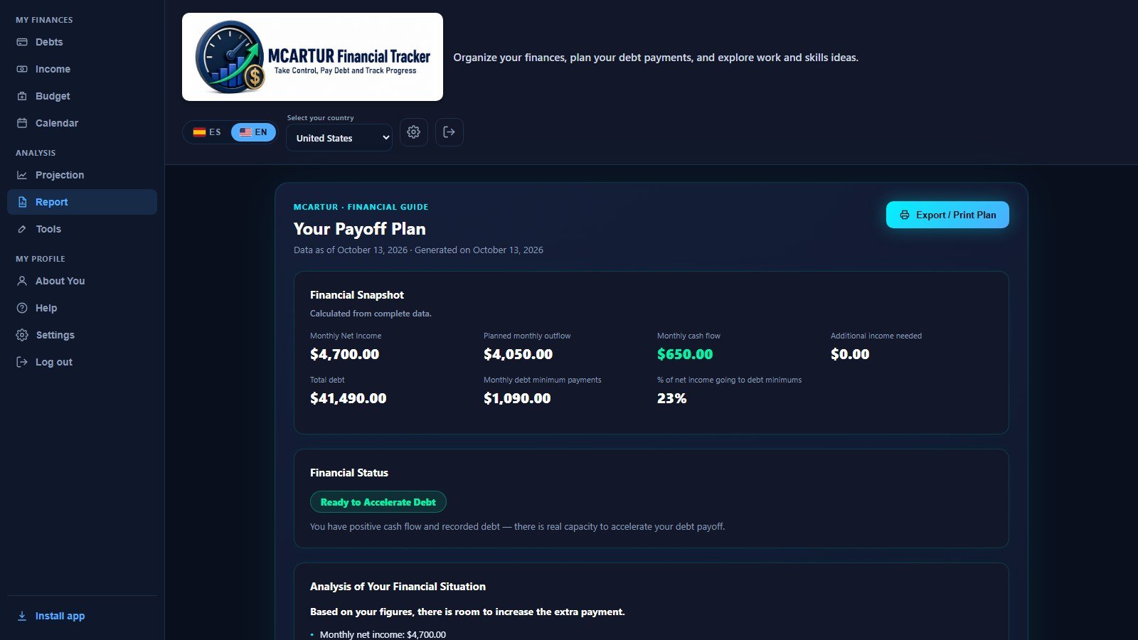 Payoff Plan report